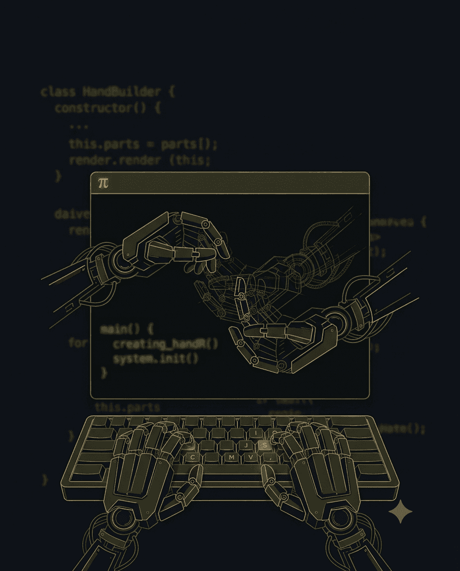 Line-art illustration of two robotic hands reaching out of a terminal window and building each other, in the style of Escher's Drawing Hands, with a pi symbol on the terminal title bar